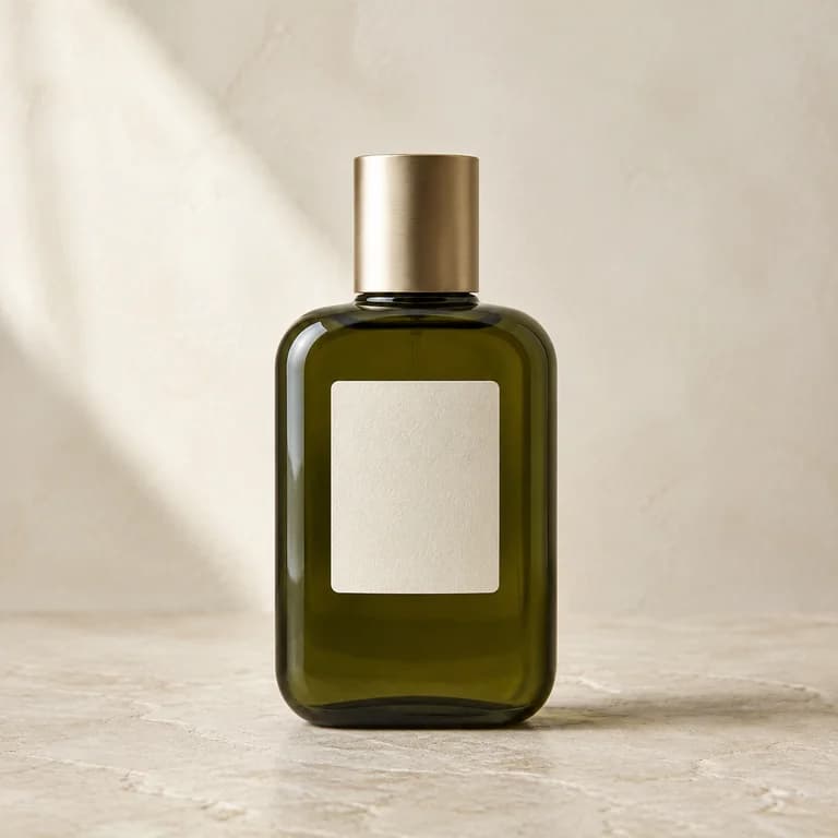 Olive-green skincare bottle with a gold cap
